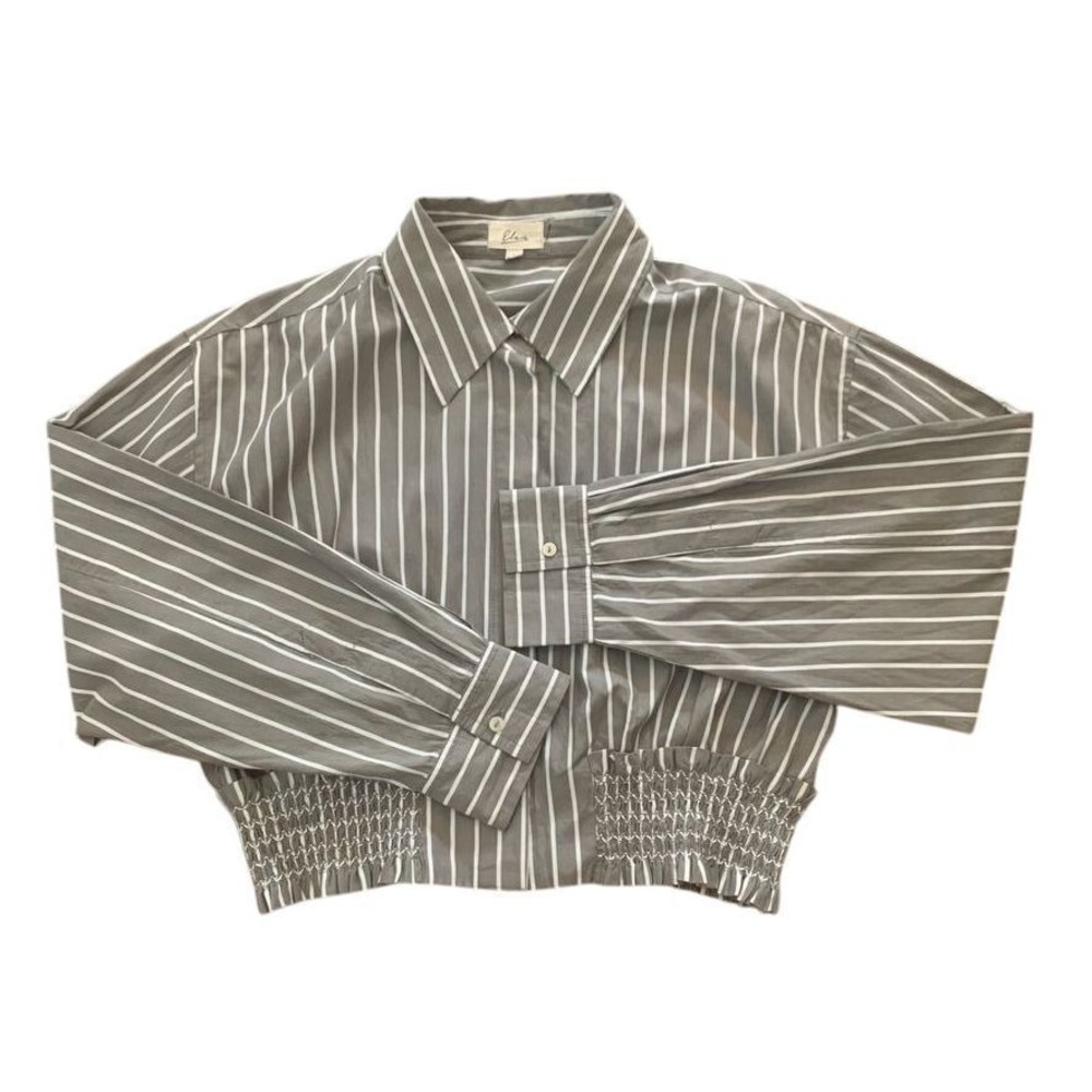 Elan Gray/Striped Cropped Button Down Shirt Smocked Waist Long Sleeve Size L - Picture 5 of 10